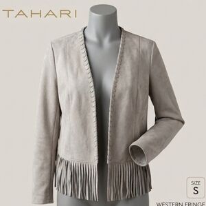 Tahari Stephanie Grey Faux Suede Fringe Western Jacket Blazer Size Small